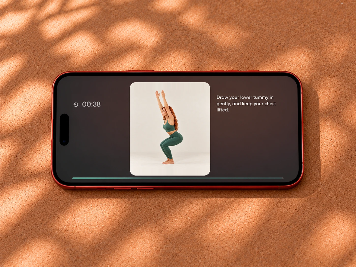Yoga Space sequence player showing Chair Pose on a phone on a cork mat