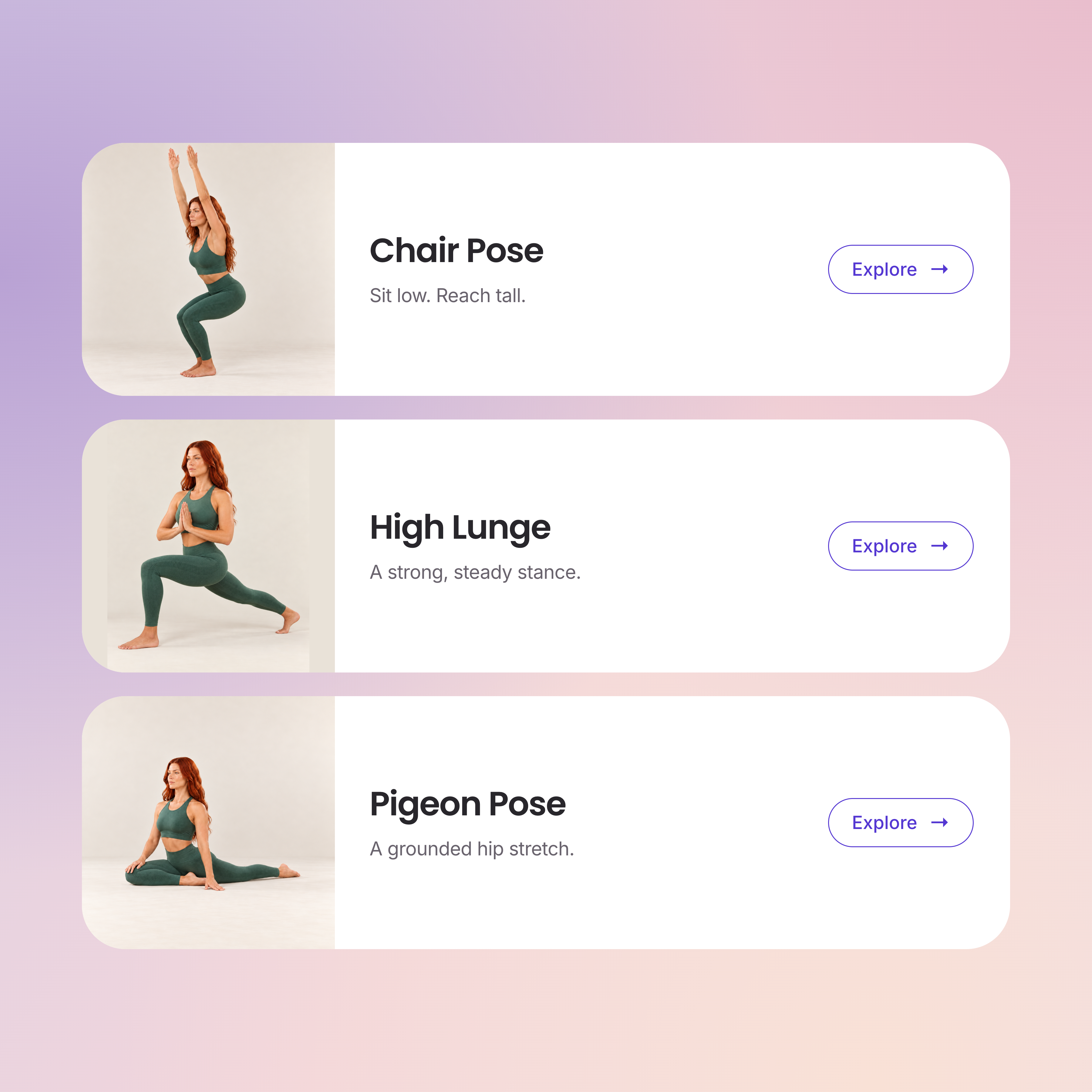 Explore Chair Pose, High Lunge and Pigeon Pose in Yoga Space