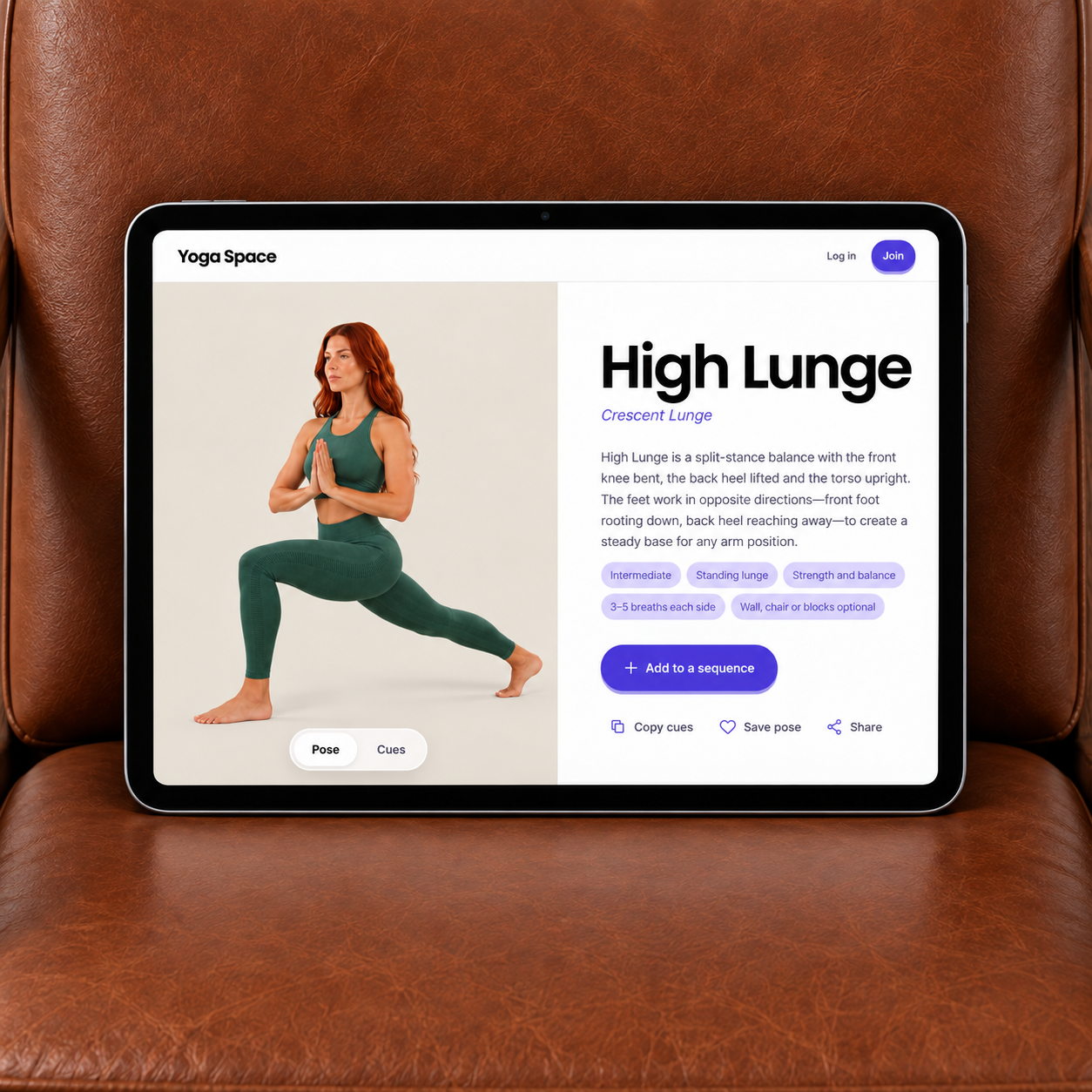 Yoga Space High Lunge instructions shown on a tablet
